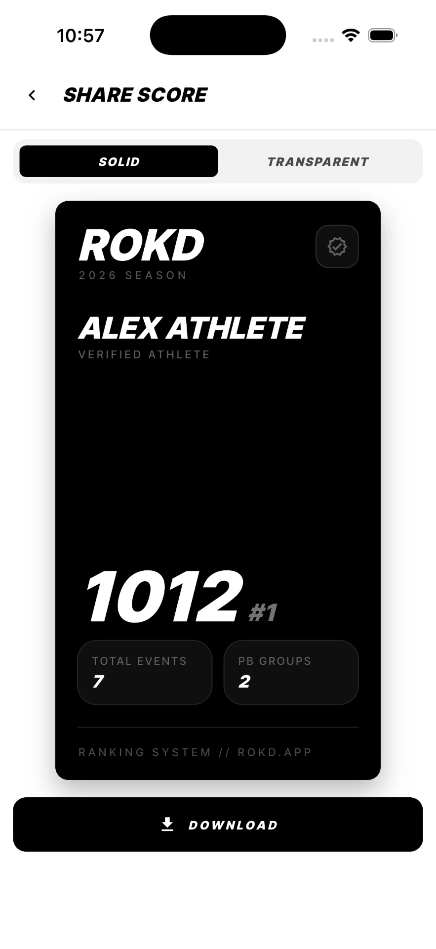 ROKD app share screen showing a shareable ROKD Score card