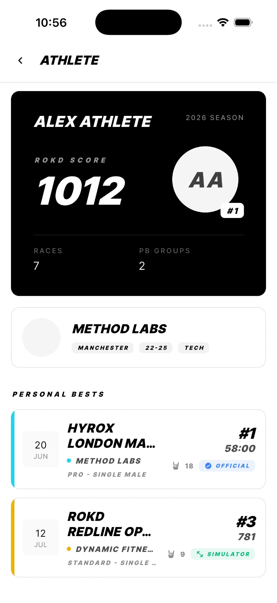 ROKD app screen showing an athlete's ROKD Score, season rank and personal bests